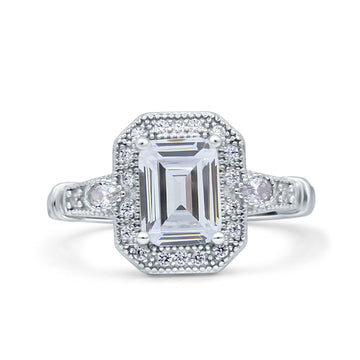 Art Deco Emerald Cut Wedding Bridal Ring Simulated Cubic Zirconia 925 Sterling Silver